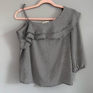 MONTEAU One Sleeve, Asymmetrical, Black & White Pinstripe Top, Ruffle, Size M